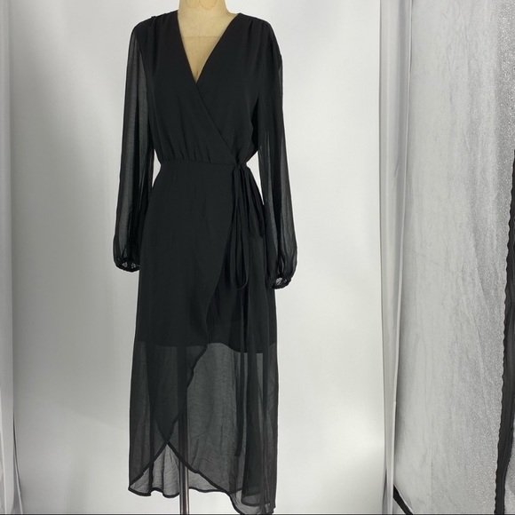 Bardot Black Wrap Dress with Sheer Long Sleeves Size 8 - Picture 4 of 4